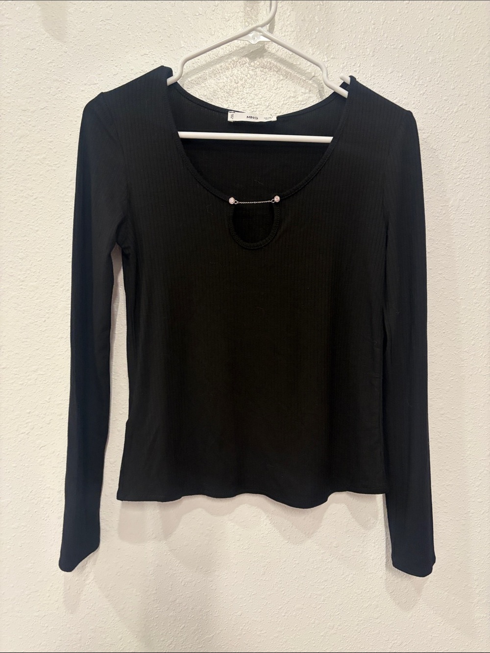 Mango Black Long Sleeve Scoop Neck Top with Decorative Chain Accent